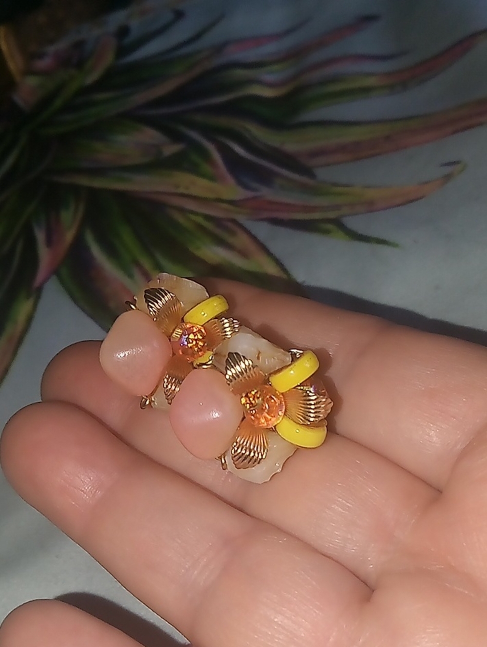 Vintage Floral Pink & Yellow Crystal Flower Clip-On Earrings